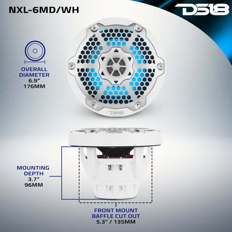 DS18 Hybrid Marine Speaker w/ Driver And RGB LEDs 6.5in 2-Way 250 Watts RMS 4 ohm White w/ Covers