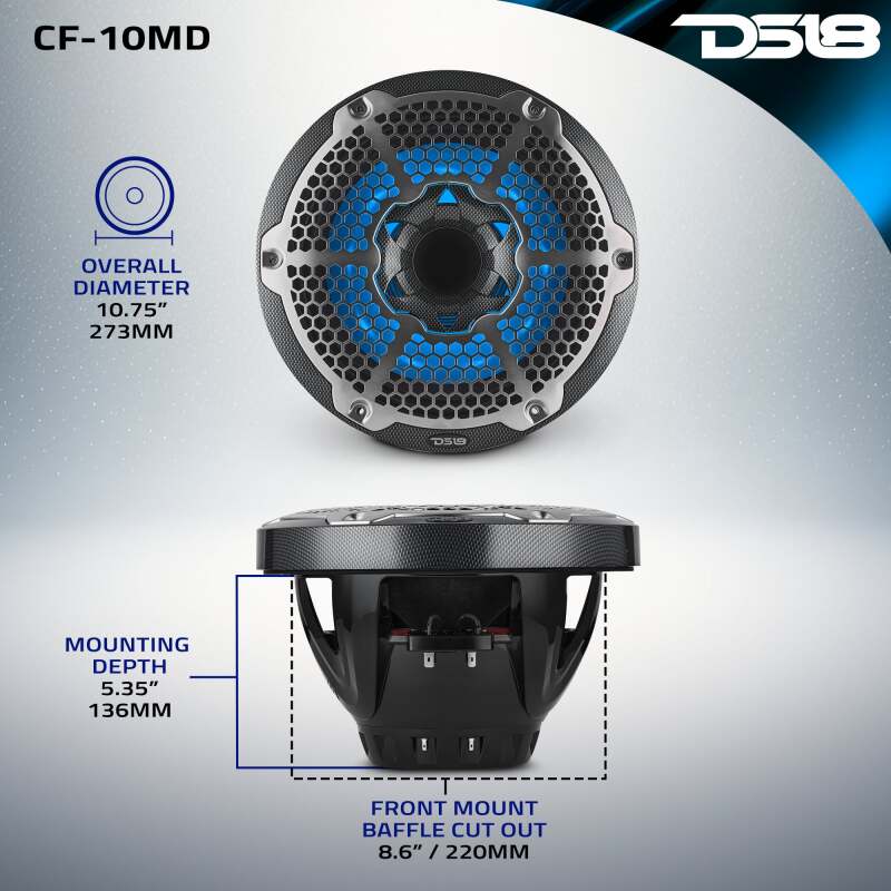 DS18 Hybrid Marine Speakers w/ Driver And RGB LED 10in 2-Way 450 Watts RMS 4 ohm Crbn Fiber w/ Cover