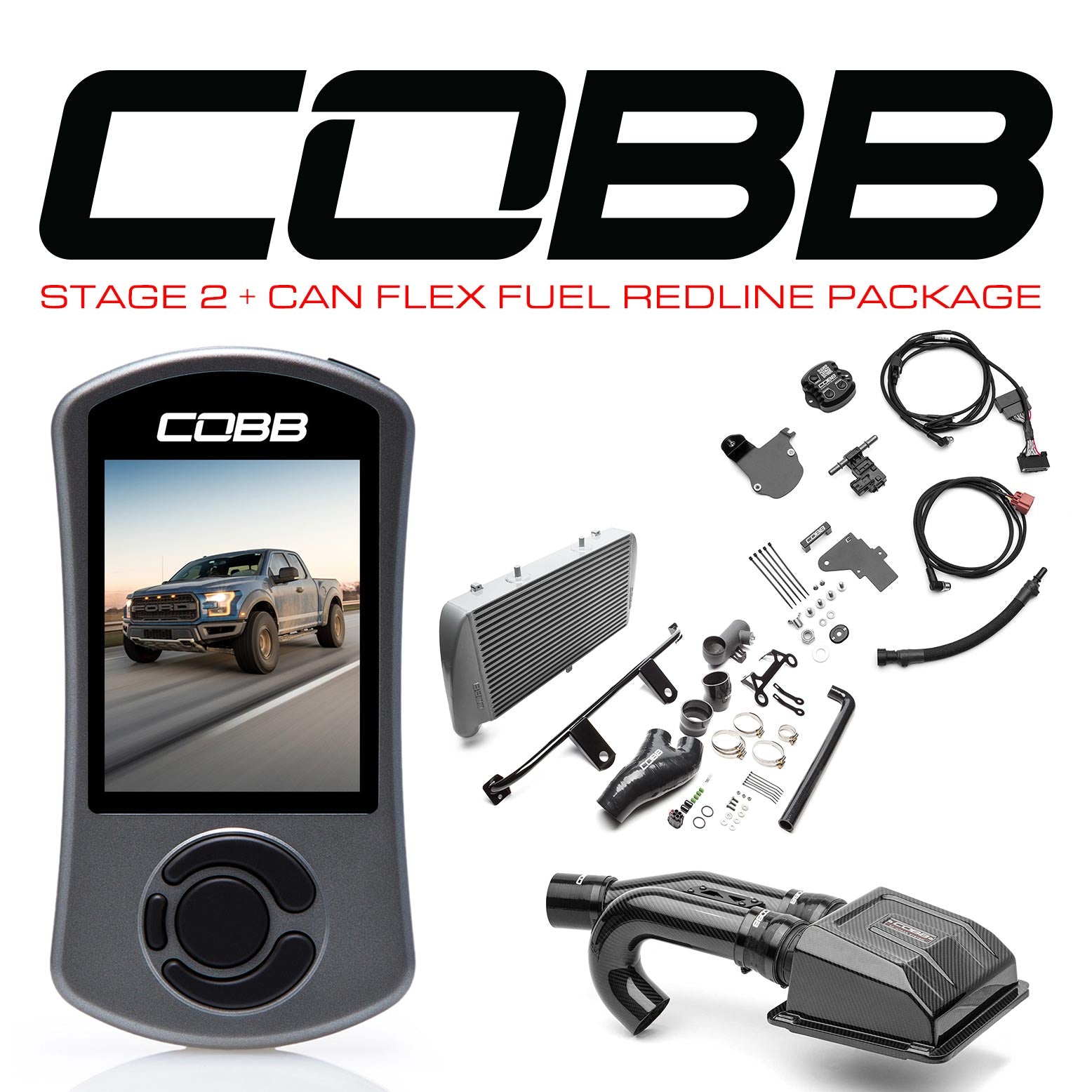 Cobb 17-20 Ford F-150 Ecoboost Raptor w/TCM Stage 2+ CAN Flex Fuel Redline CF Power Package - Silver