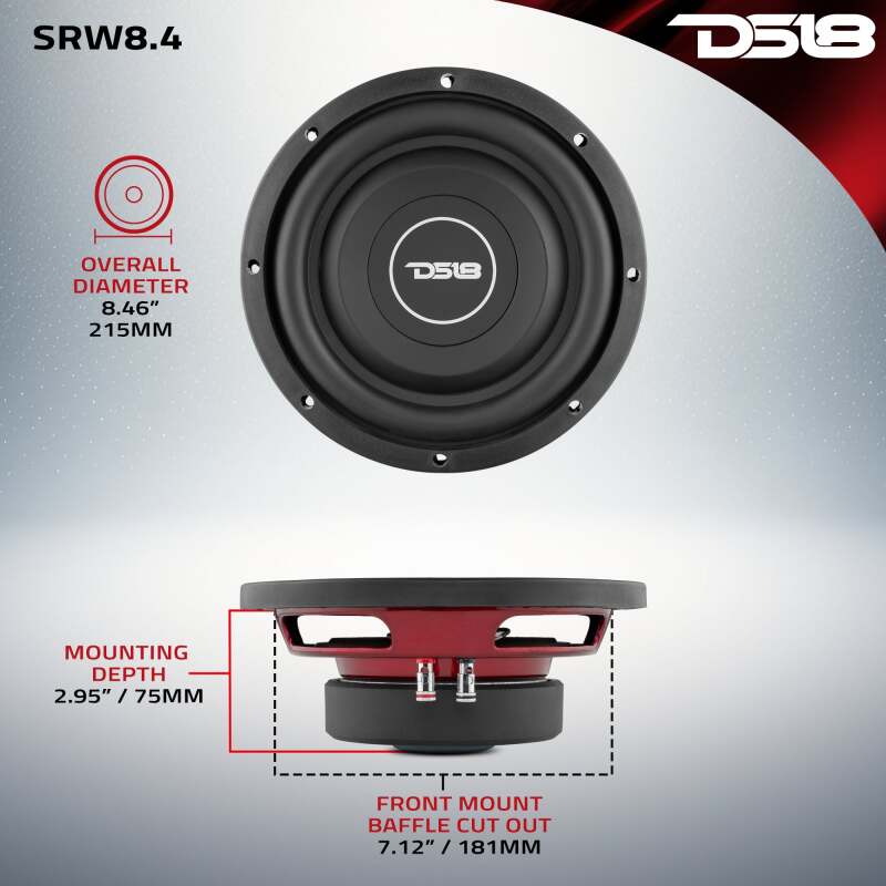 DS18 8in 150 Watts RMS 4 ohm SVC Shallow Mount Subwoofer